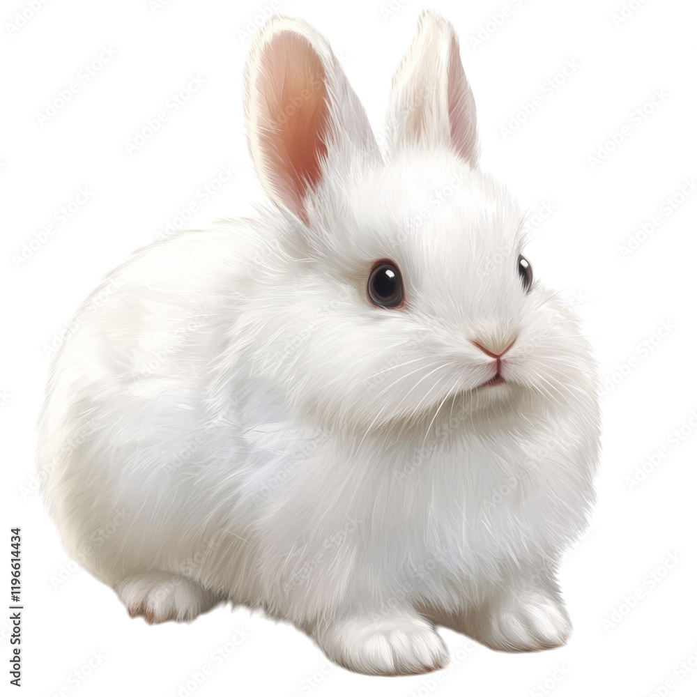Fluffy white rabbit sitting on transparency background, showcasing its soft fur and expressive eyes. This adorable animal exudes sense of calm and charm