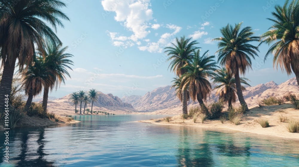 Obraz premium Oasis Landscape with Palm Trees and Reflecting Water in Desert Environment