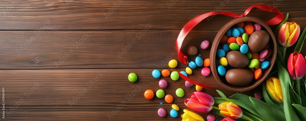Easter candy display. View from the top of chocolate eggs cracked to reveal rainbow candies, and tulips bouquet with ribbon on a wooden backdrop, a spot for text or advertisements Easter candy display. View from the top of chocolate eggs cracked to reveal rainbow candies, and tulips bouquet with ribbon on a wooden backdrop, a spot for text or advertisements