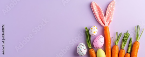 Easter concept. Top view photo of carrots easter bunny ears and textile easter eggs on isolated pastel purple background with copyspace