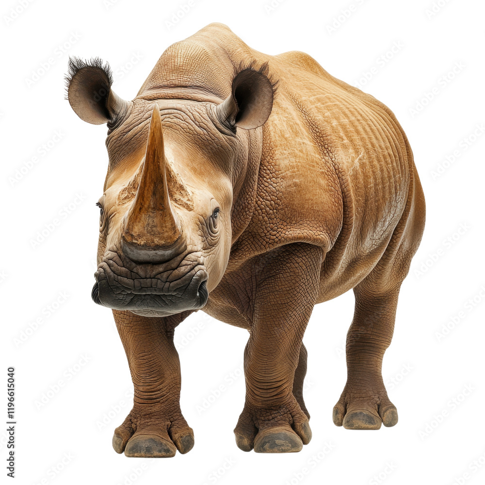 Fototapeta premium close up of rhinoceros with prominent horn, showcasing its textured skin and strong physique against transparency background. This majestic animal embodies strength and resilience