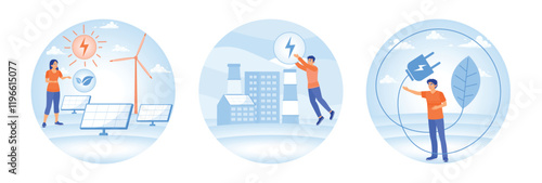 Sustainable energy concepts depicting solar, wind, and eco-friendly power solutions.