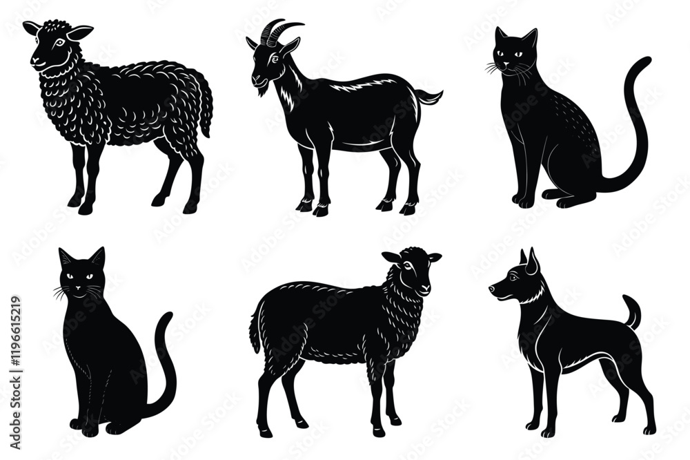Fototapeta premium Animals silhouette set. Domestic animal silhouettes cat, cow, dog, horse, goat, sheep vector illustration