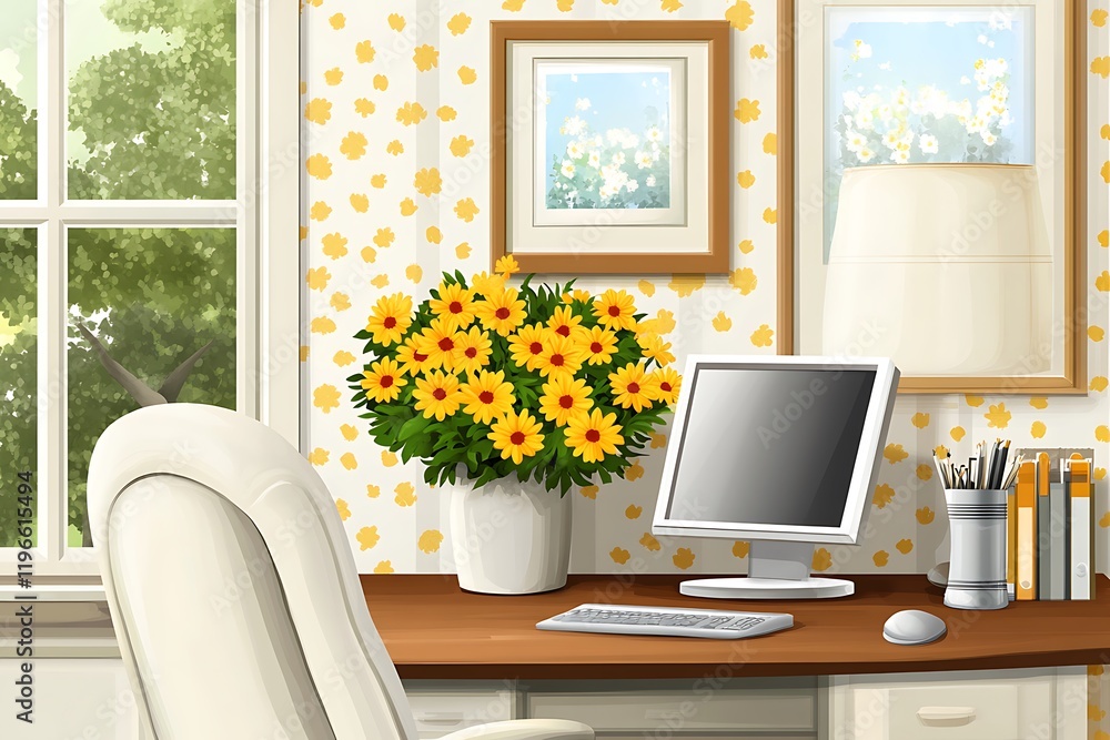 Fototapeta premium Charming Home Office with Yellow Flowers