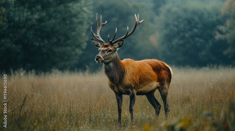 Fototapeta premium Majestic red deer stag in autumn field.