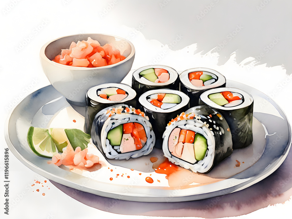 salmon sushi roll watercolor on white background , japanese food salmon sushi roll watercolor on white background , japanese food