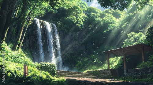 Sunlit Waterfall in Lush Forest