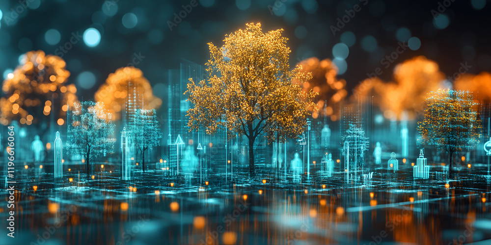 Holographic Figures and Glowing Trees in Futuristic Digital Forest Holographic Figures and Glowing Trees in Futuristic Digital Forest