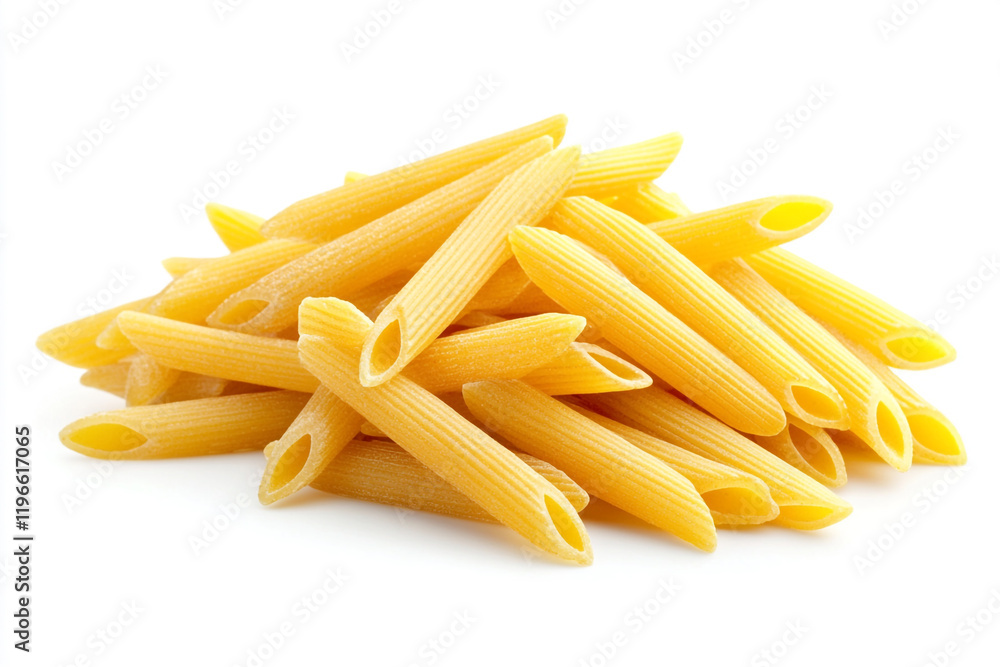 A vertical stack of golden penne pasta A vertical stack of golden penne pasta