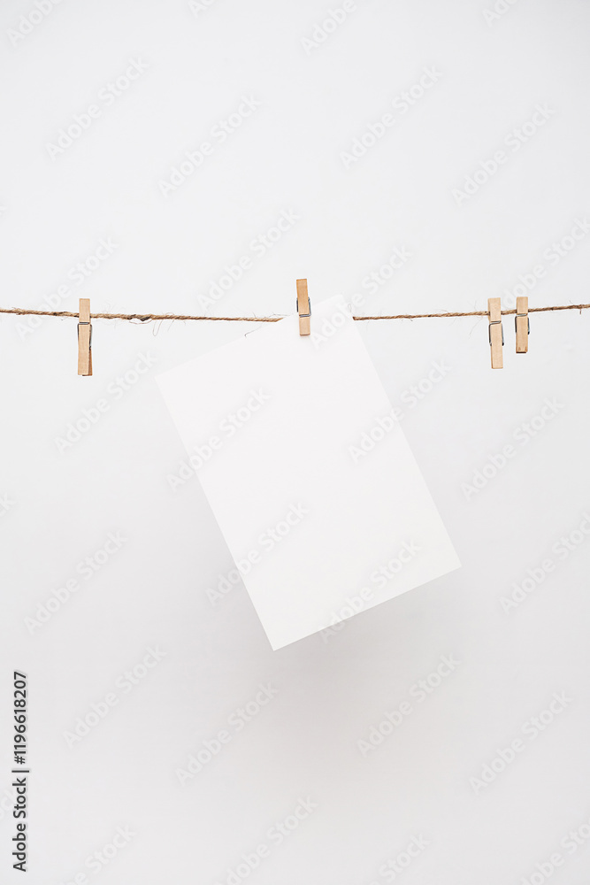 Blank white paper with copy space hanging on a rope. Blank white paper with copy space hanging on a rope.