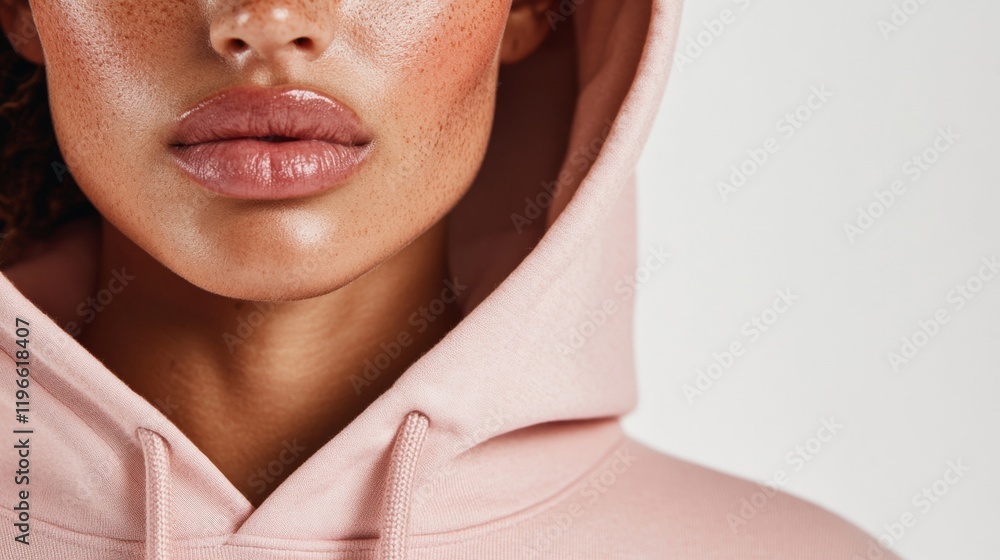 Close-up of person wearing pink hoodie with focus on freckles and glossy lips against minimalist white background Close-up of person wearing pink hoodie with focus on freckles and glossy lips against minimalist white background