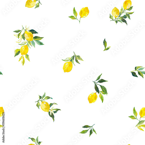 Beautiful seamless pattern with watercolor fresh lemons with leaves and flowers in sunny Mediterranean style. Ready summer print design for wallpapers, wrappings, textile.