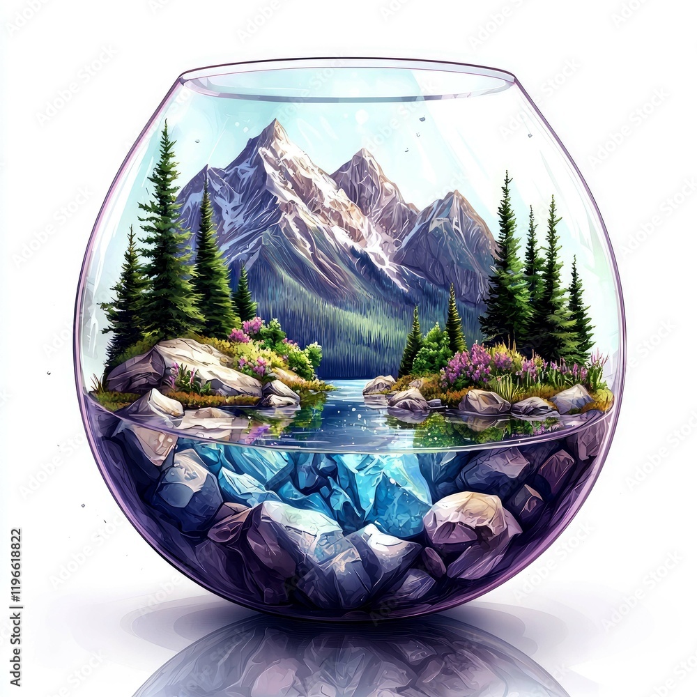 Enchanted Mountain Lake in a Glass Globe: A Surreal Landscape Painting Enchanted Mountain Lake in a Glass Globe: A Surreal Landscape Painting