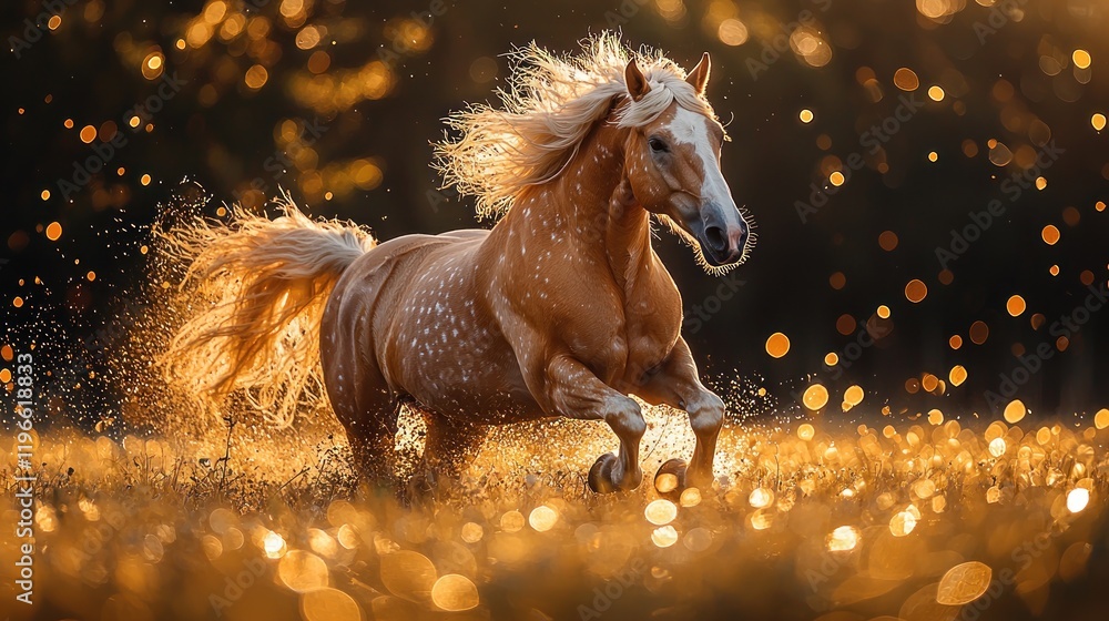 Fototapeta premium Golden Palomino Horse Runs Sunset Field.