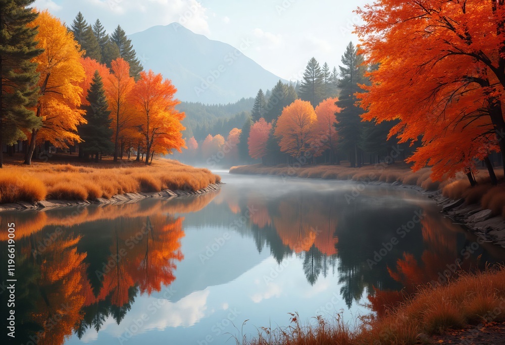 River with autumn foliage and mountain in the background River with autumn foliage and mountain in the background