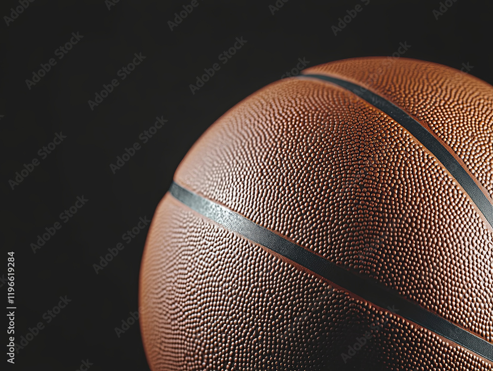 Close-up of a basketball on a black background, with ample space for text and design. A conceptual photo of a sports activity or competition in a sports hall Close-up of a basketball on a black background, with ample space for text and design. A conceptual photo of a sports activity or competition in a sports hall
