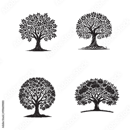 Vector Silhouettes of the Malay Apple Tree Isolated on a White Background"