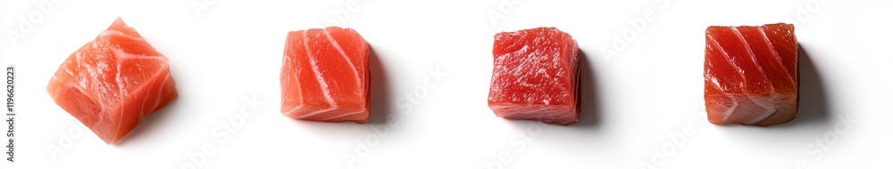 Four pieces of raw salmon fillet, different shapes and sizes, on white background. Four pieces of raw salmon fillet, different shapes and sizes, on white background.