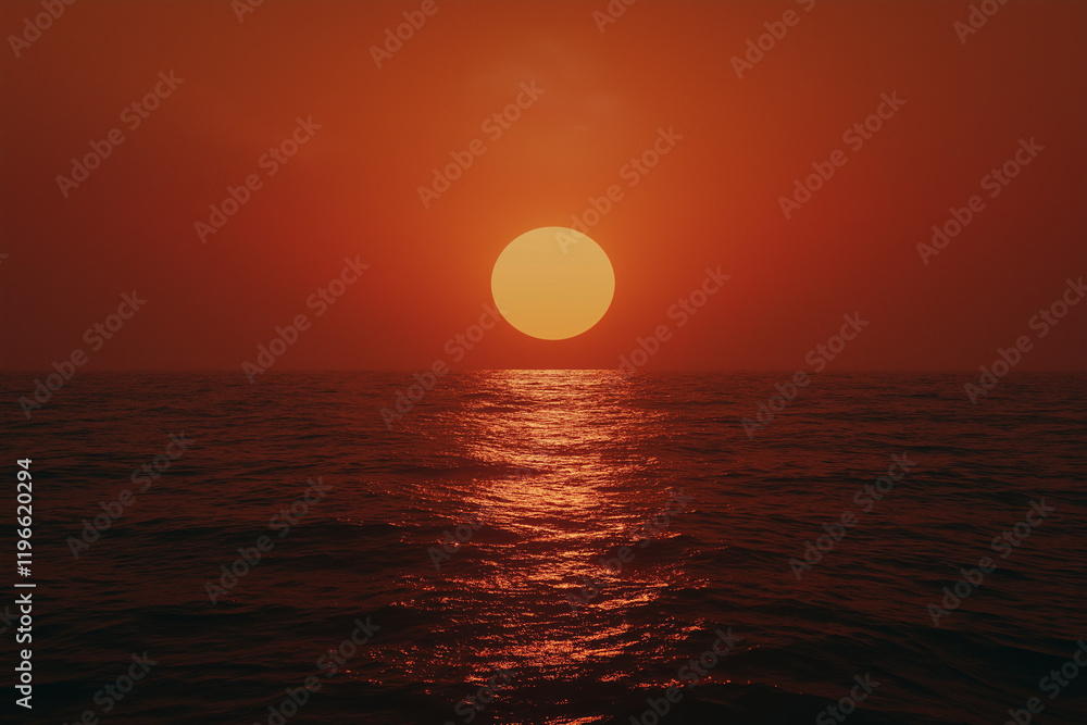 Hyper-realistic red sunset over the sea with a large glowing sun centered in the frame, casting warm orange and red hues across the sky and water, creating a cinematic and serene atmosphere Hyper-realistic red sunset over the sea with a large glowing sun centered in the frame, casting warm orange and red hues across the sky and water, creating a cinematic and serene atmosphere