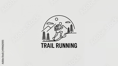 Trail running simple minimalistic logo emblem. Isolated silhouette of a runner with a backpack running along a mountain trail on the white beige background.  photo