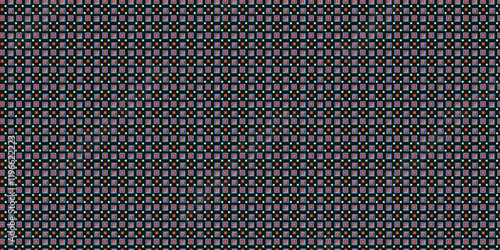 Seamless pattern with colorful geometric squares and dots in blue, red, and green on a black background. Perfect for wallpapers, textiles, packaging and web design