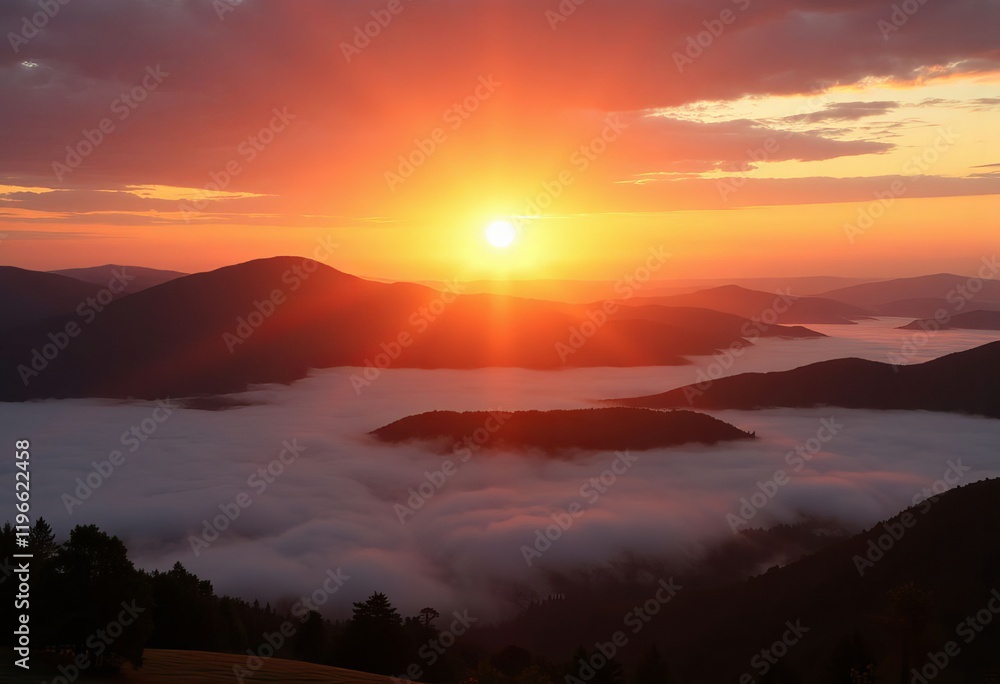 Sunset over misty mountains with sun rays Sunset over misty mountains with sun rays