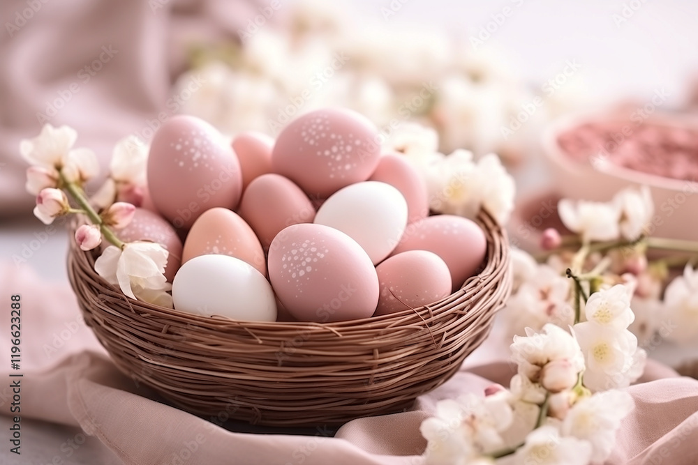 Chocolate Easter eggs placed in a woven basket, surrounded by delicate pastel flowers and soft
