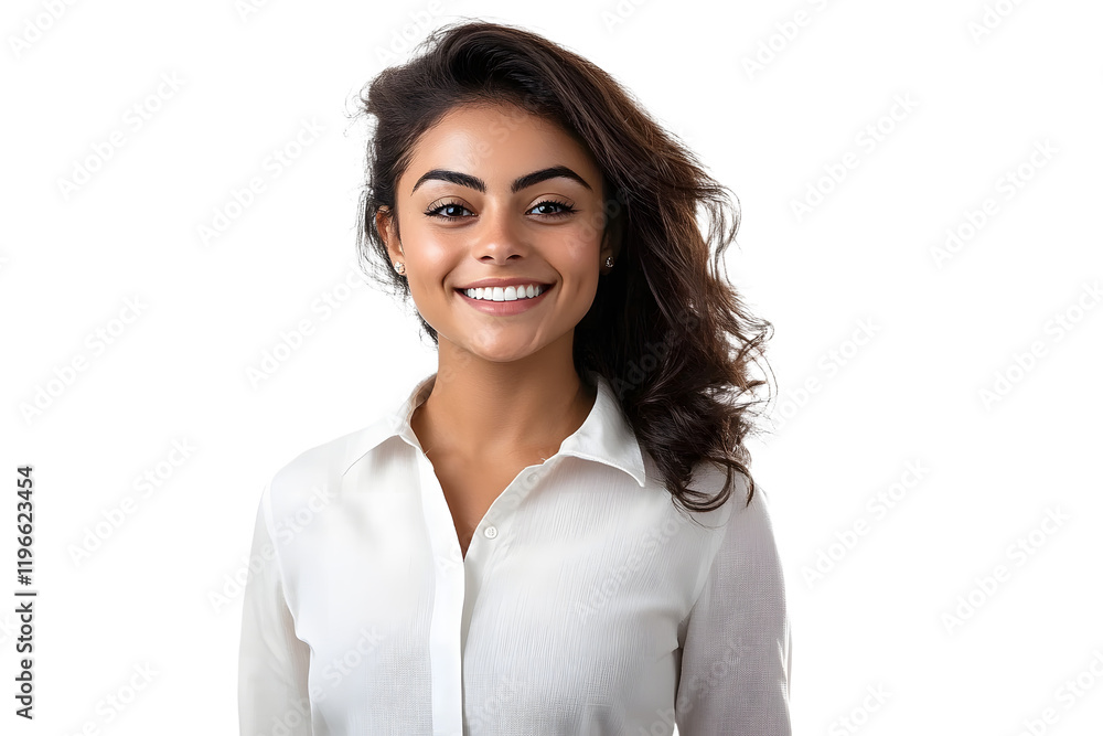 Portrait of a smiling woman in white shirt, isolated on transparent background Portrait of a smiling woman in white shirt, isolated on transparent background