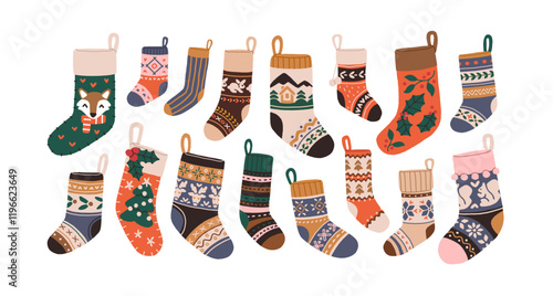 Christmas stockings set. Traditional socks with festive patterns, stripes, for Xmas gifts, hanging on loop. Seasonal Scandinavian decoration. Flat vector illustration isolated on white background