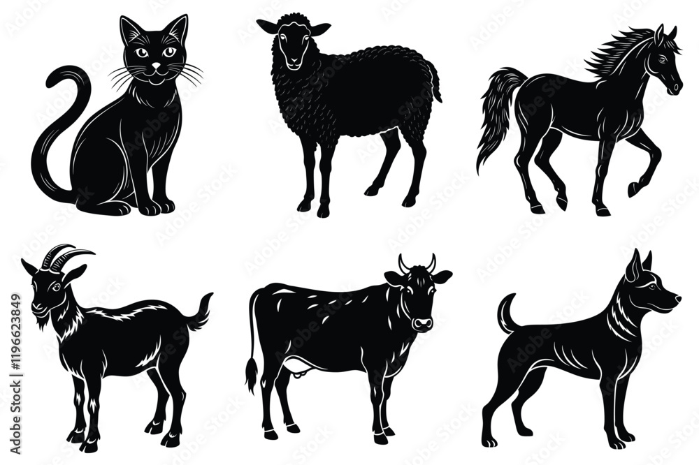 Fototapeta premium Animals silhouette set. Domestic animal silhouettes cat, cow, dog, horse, goat, sheep vector illustration