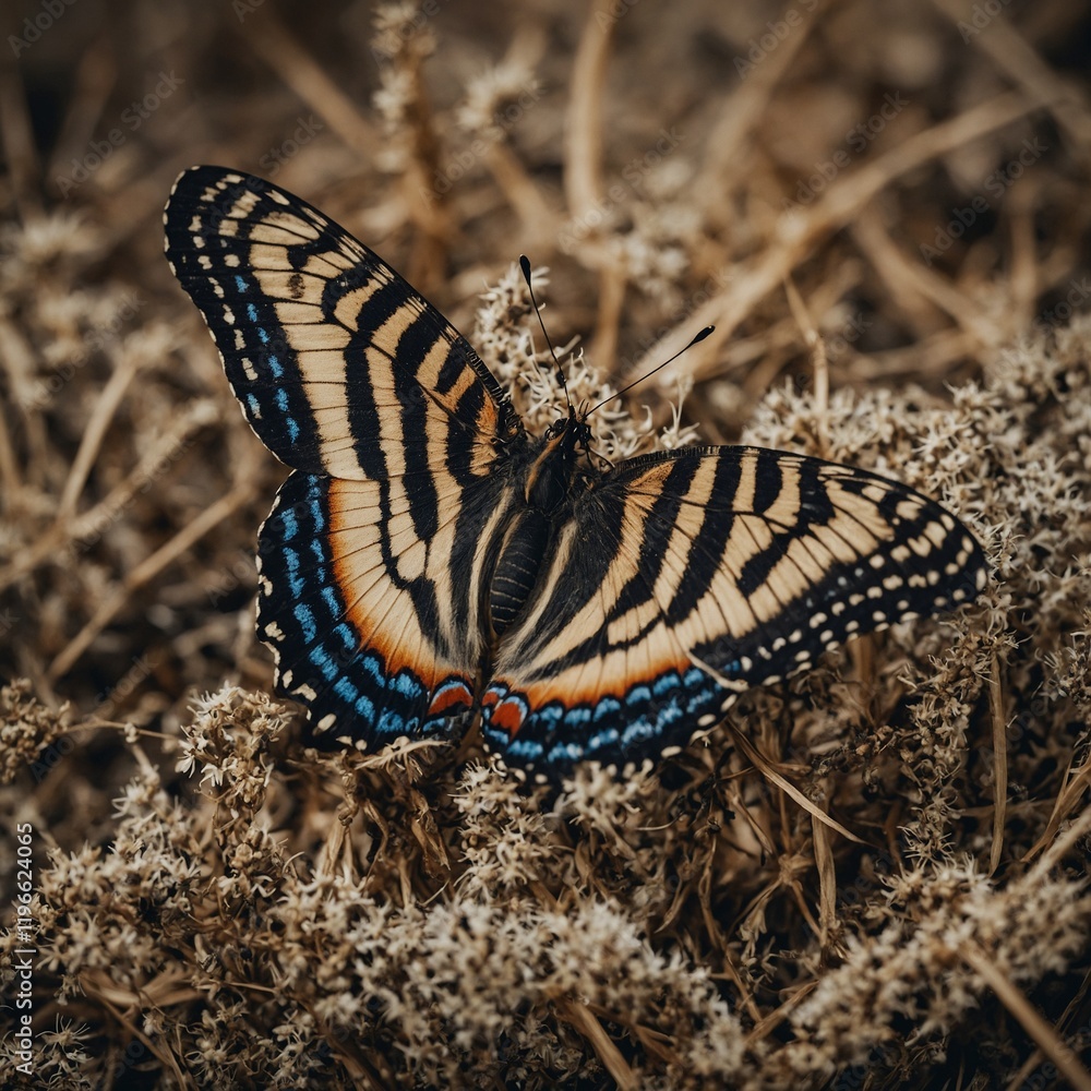 Fototapeta premium A butterfly with animal-print patterns, such as zebra stripes or leopard spots.