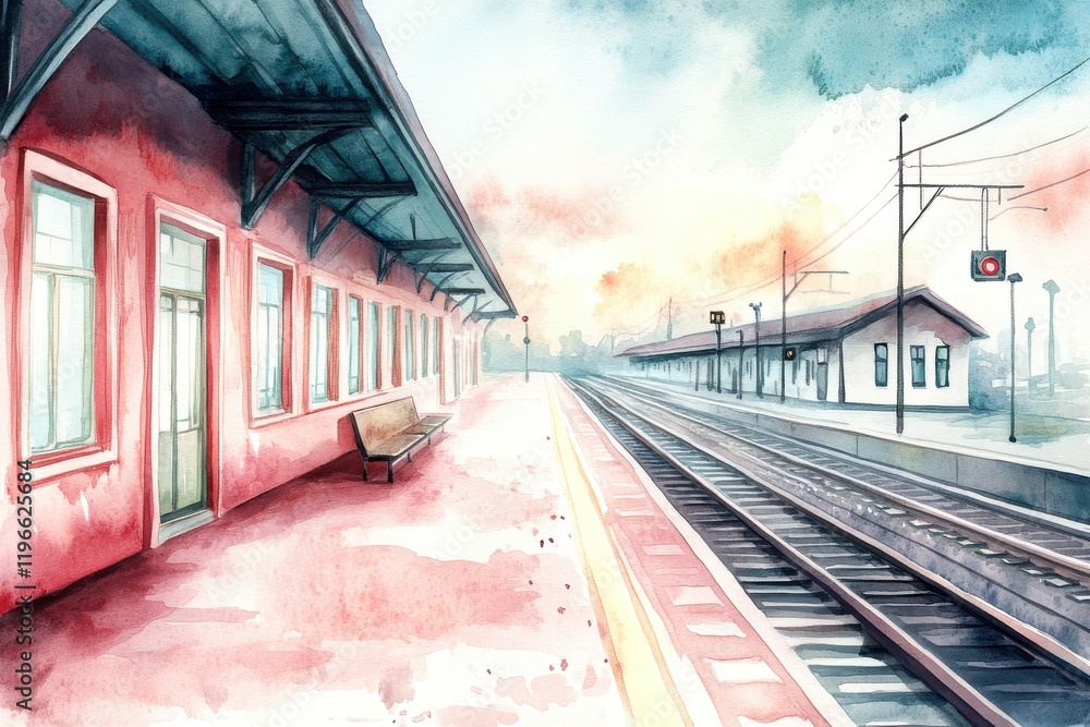 Obraz premium A tranquil watercolor painting of a serene train station at sunset, with empty platforms and gentle colors blending in the sky.