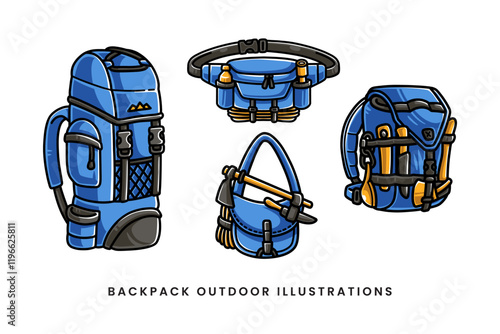 outdoor backpack, carrier bag, waist bag, sling bag, survival tool, axes colorful doodle illustration vector element design collection set for adventure, camping, explorer, mountaineering