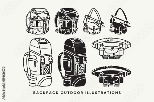 outdoor backpack, carrier bag, waist bag, sling bag, survival tool, axes outline and filled solid style icon element designs collection set for adventure, camping, explorer, mountaineering