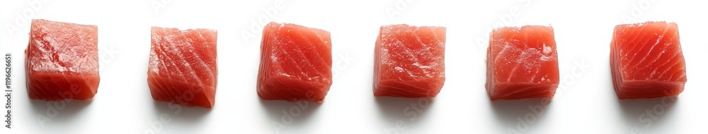 Six square pieces of raw salmon fillet on white background. Six square pieces of raw salmon fillet on white background.