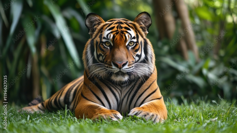 Fototapeta premium Majestic tiger resting in lush greenery.