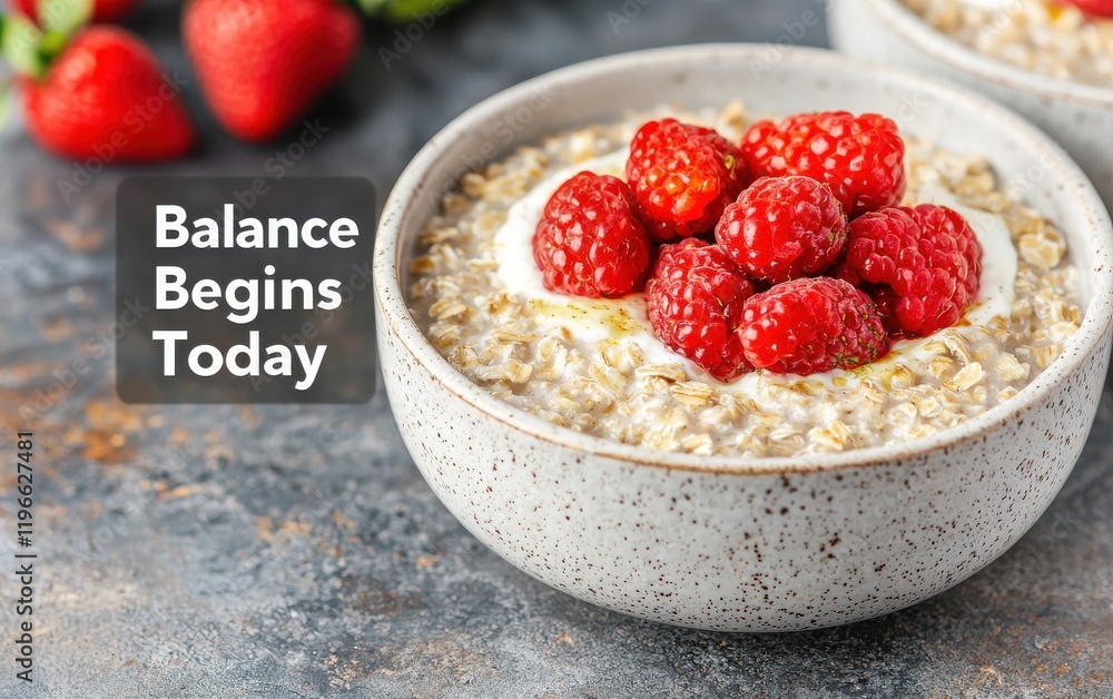 Health balance concept. A bowl of oatmeal topped with fresh raspberries and strawberries, promoting a healthy lifestyle with the message Health balance concept. A bowl of oatmeal topped with fresh raspberries and strawberries, promoting a healthy lifestyle with the message