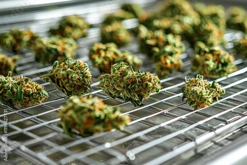 Detailed view of vibrant cannabis buds drying on a metallic rack, emphasizing the rich textures and colors that highlight the beauty of this natural product and its careful handling.
