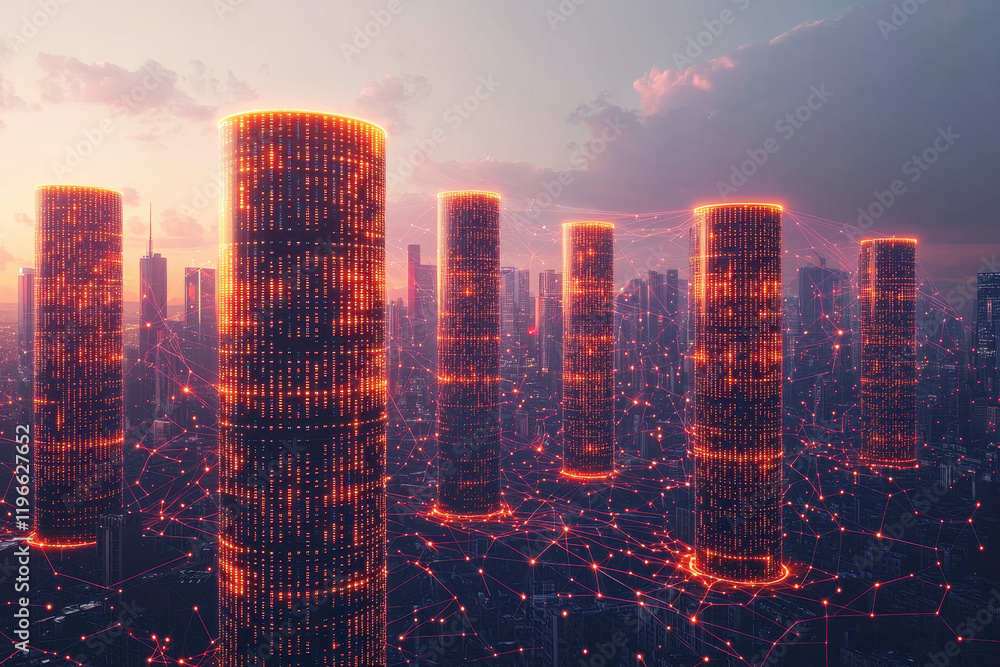 Fototapeta premium Glowing 3D cityscape featuring interconnected data nodes and vibrant holographic visualizations in a cyberpunk-inspired setting