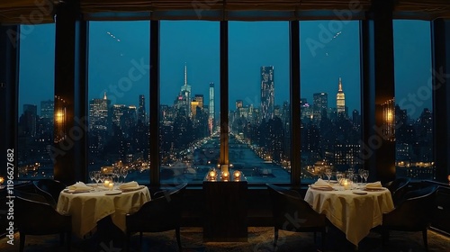 Night cityscape view from elegant restaurant.