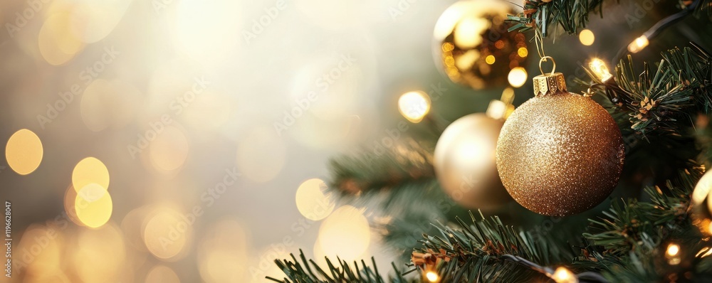 Obraz premium Festive golden lights with blurred background, magical holiday atmosphere.