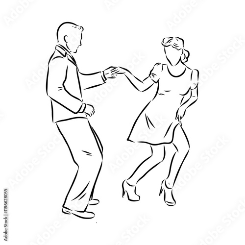 Couple in love dancing and having fun, hand drawn outline illustration. swing dance. vector