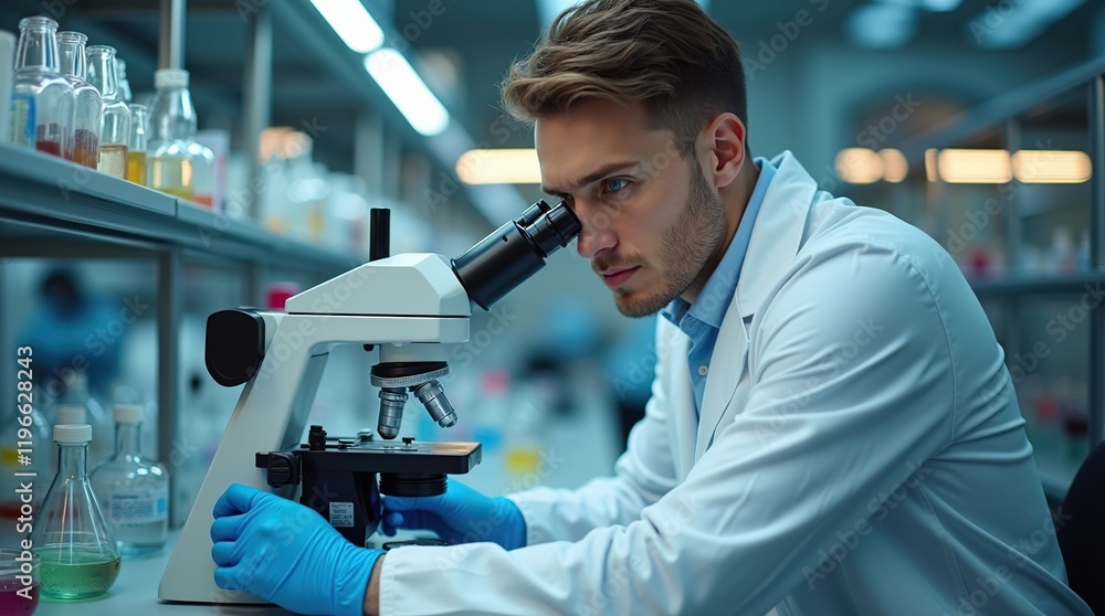 Handsome scientist with chiseled features, focused intently on analyzing samples under a state-of-the-art microscope in a cutting-edge medical research laboratory. Handsome scientist with chiseled features, focused intently on analyzing samples under a state-of-the-art microscope in a cutting-edge medical research laboratory.