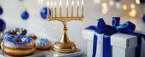 Festive Hanukkah scene featuring a golden menorah, traditional dreidels, jelly donut, and a wrapped gift with blue ribbon on a white background photo