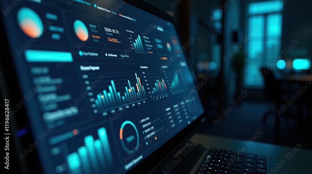Modern online business management dashboard interface displayed on a high-resolution computer screen, bathed in a rich, dark theme, showcasing a complex array of sales metrics. Modern online business management dashboard interface displayed on a high-resolution computer screen, bathed in a rich, dark theme, showcasing a complex array of sales metrics.