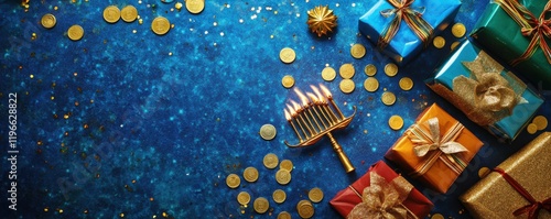 Festive Hanukkah vertical scene featuring wrapped gifts, menorah, dreidels, and coins on a blue backdrop, symbolizing the joyous holiday spirit photo