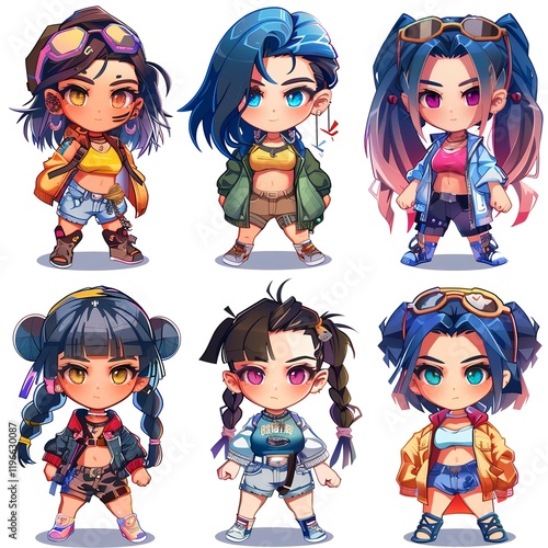 Six stylized female chibi characters, digital art, vibrant clothing, diverse hairstyles, game asset