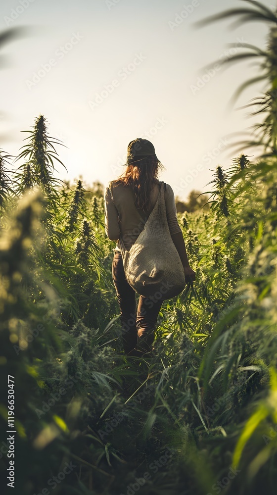 Fototapeta premium A farmer carries a sack and is picking marijuana, with a beautiful view of the clear sky