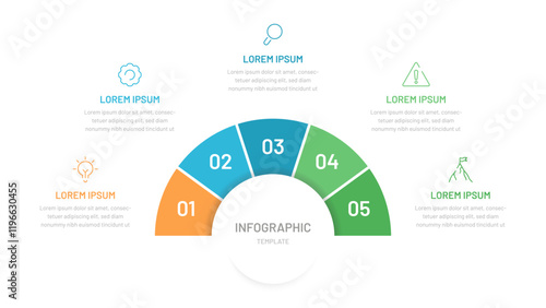 Semi circle pie chart divided into 5 parts with editable icons. A template for a presentation or website. Colorful infographics for business, startup, report, presentation, slides