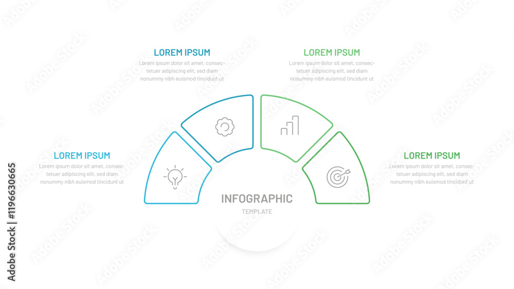 Obraz premium A thin semicircular line chart divided into four parts. Template for presentation slides, website, report, startup, business. Editable icons, bright colors